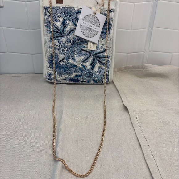 Viral Beaded Satchel bag w/ Bamboo Handles - Made in India - Blue and White - Picture 7 of 12